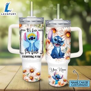 Custom Name Everything Is Fine Stitch Daisy Flower Pattern 40oz Stainless Steel Tumbler with Handle and Straw Lid