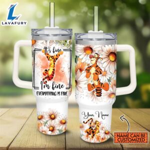 Custom Name Everything Is Fine Tigger Daisy Flower Pattern 40oz Stainless Steel Tumbler with Handle and Straw Lid