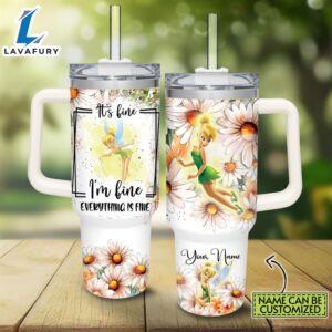 Custom Name Everything Is Fine Tinker Bell Daisy Flower Pattern 40oz Stainless Steel Tumbler with Handle and Straw Lid