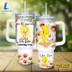 Custom Name Everything Is Fine Tweety Daisy Flower Pattern 40oz Stainless Steel Tumbler with Handle and Straw Lid