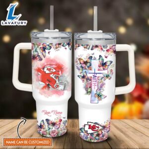 Custom Name Faith In Chiefs Flower Butterflies Pattern 40oz Stainless Steel Tumbler with Handle and Straw Lid