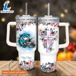 Custom Name Faith In Eagles Flower Butterflies Pattern 40oz Stainless Steel Tumbler with Handle and Straw Lid