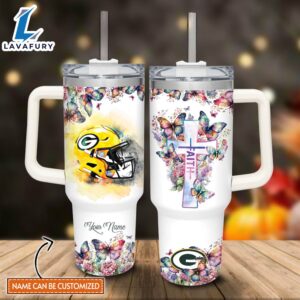 Custom Name Faith In Packers Flower Butterflies Pattern 40oz Stainless Steel Tumbler with Handle and Straw Lid