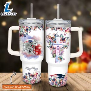 Custom Name Faith In Patriots Flower Butterflies Pattern 40oz Stainless Steel Tumbler with Handle and Straw Lid