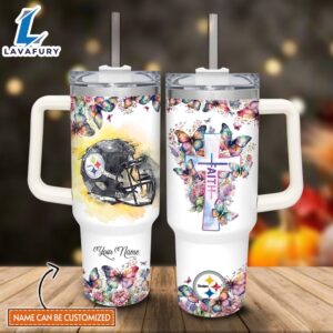 Custom Name Faith In Steelers Flower Butterflies Pattern 40oz Stainless Steel Tumbler with Handle and Straw Lid