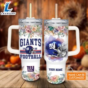 Custom Name Giants Helmet Flame Pattern 40oz Stainless Steel Tumbler with Handle and Straw Lid