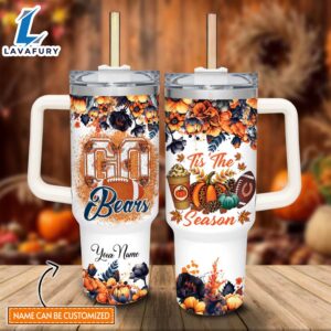 Custom Name Go Bears Tis The Season Flower Pattern 40oz Stainless Steel Tumbler with Handle and Straw Lid