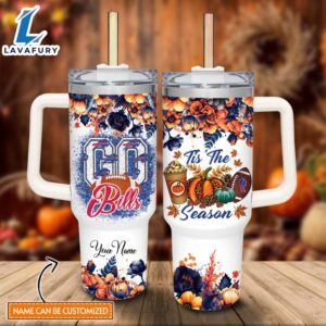 Custom Name Go Bills Tis The Season Flower Pattern 40oz Stainless Steel Tumbler with Handle and Straw Lid