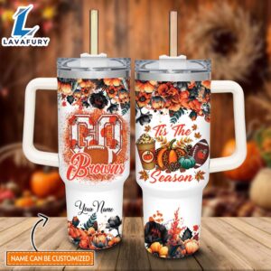 Custom Name Go Browns Tis The Season Flower Pattern 40oz Stainless Steel Tumbler with Handle and Straw Lid