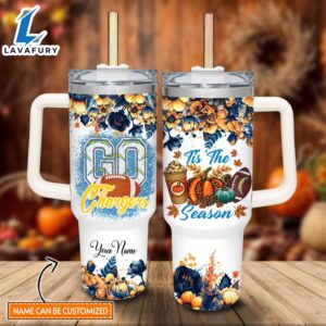 Custom Name Go Chargers Tis The Season Flower Pattern 40oz Stainless Steel Tumbler with Handle and Straw Lid