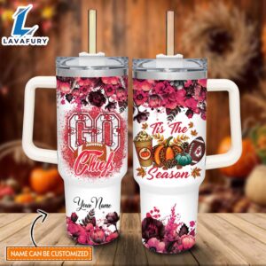Custom Name Go Chiefs Tis The Season Flower Pattern 40oz Stainless Steel Tumbler with Handle and Straw Lid