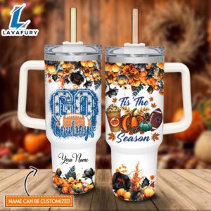 Custom Name Go Cowboys Tis The Season Flower Pattern 40oz Stainless Steel Tumbler with Handle and Straw Lid