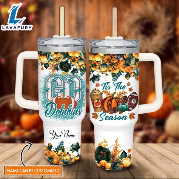 Custom Name Go Dolphins Tis The Season Flower Pattern 40oz Stainless Steel Tumbler with Handle and Straw Lid