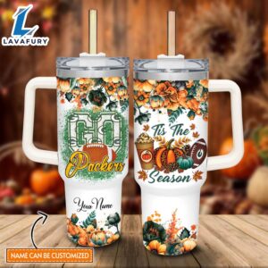 Custom Name Go Packers Tis The Season Flower Pattern 40oz Stainless Steel Tumbler with Handle and Straw Lid