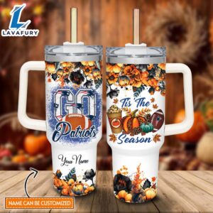 Custom Name Go Patriots Tis The Season Flower Pattern 40oz Stainless Steel Tumbler with Handle and Straw Lid