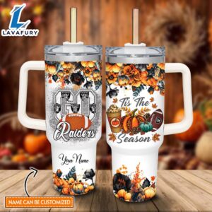 Custom Name Go Raiders Tis The Season Flower Pattern 40oz Stainless Steel Tumbler with Handle and Straw Lid