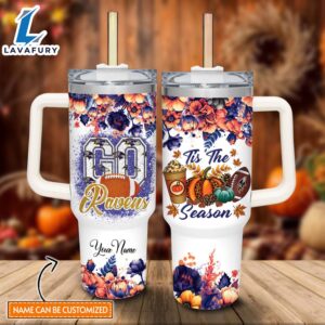 Custom Name Go Ravens Tis The Season Flower Pattern 40oz Stainless Steel Tumbler with Handle and Straw Lid