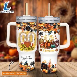Custom Name Go Steelers Tis The Season Flower Pattern 40oz Stainless Steel Tumbler with Handle and Straw Lid