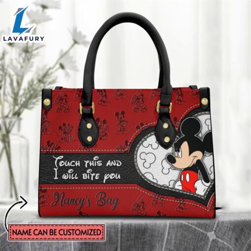 Custom Name I Will Bite You Mickey Mouse Pattern Premium Leather Handbag