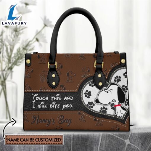 Custom Name I Will Bite You Snoopy Pattern Premium Leather Handbag