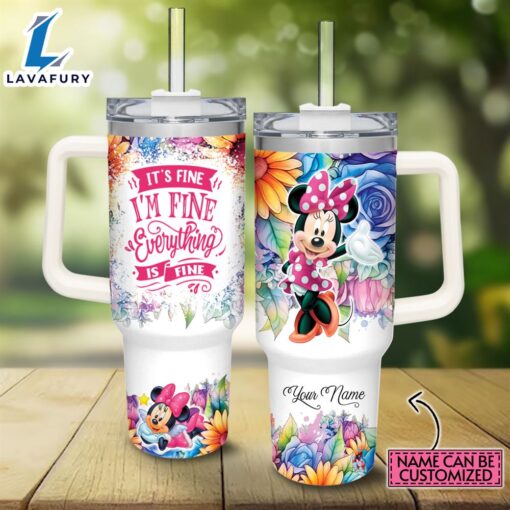 Custom Name It’s Fine I’m Fine Minnie Mouse Colorful Flower Pattern 40oz Stainless Steel Tumbler with Handle and Straw Lid