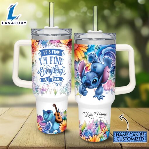 Custom Name It’s Fine I’m Fine Stitch Colorful Flower Pattern 40oz Stainless Steel Tumbler with Handle and Straw Lid