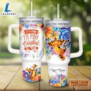 Custom Name It’s Fine I’m Fine Tigger Colorful Flower Pattern 40oz Stainless Steel Tumbler with Handle and Straw Lid