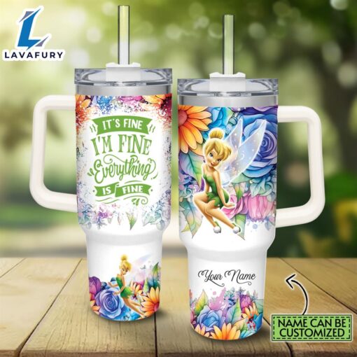 Custom Name It’s Fine I’m Fine Tinker Bell Colorful Flower Pattern 40oz Stainless Steel Tumbler with Handle and Straw Lid