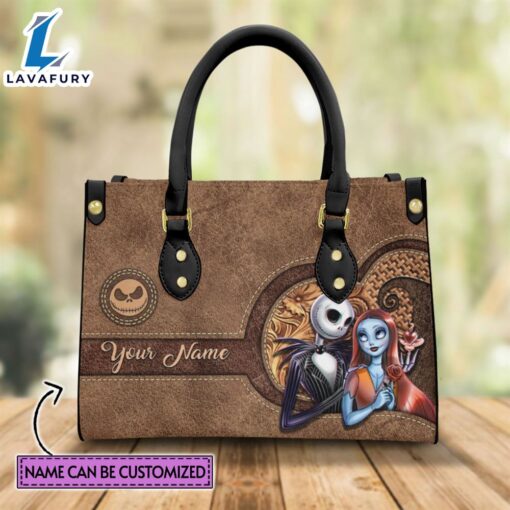 Custom Name Jack Skellington Pattern Brown Leather Premium Leather Handbag