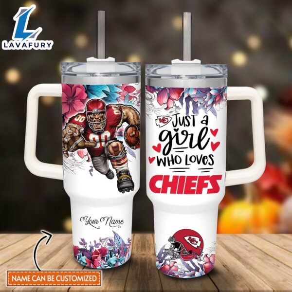 Custom Name Just A Girl Loves KC Chiefs Mascot Flower Pattern 40oz Stainless Steel Tumbler with Handle and Straw Lid