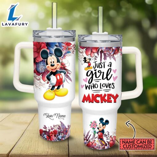 Custom Name Just A Girl Loves Mickey Mouse Colorful Flower Pattern 40oz Stainless Steel Tumbler with Handle and Straw Lid