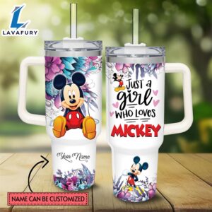 Custom Name Just A Girl Loves Mickey Mouse Flower Pattern 40oz Tumbler with Handle and Straw Lid