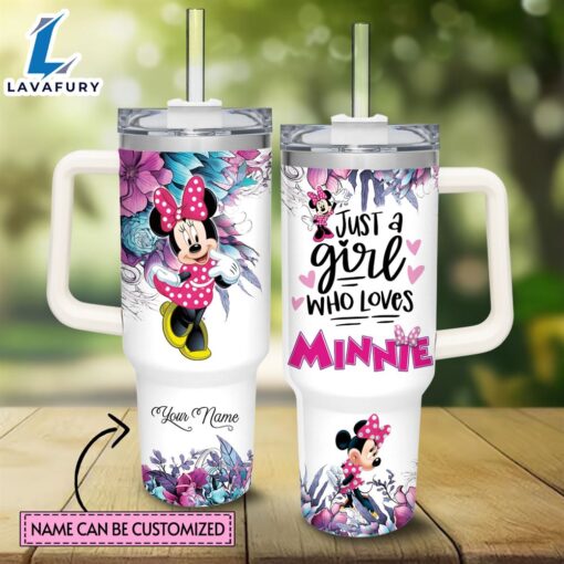 Custom Name Just A Girl Loves Minnie Mouse Flower Pattern 40oz Tumbler with Handle and Straw Lid