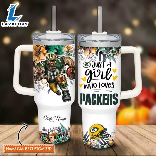 Custom Name Just A Girl Loves Packers Mascot Flower Pattern 40oz Stainless Steel Tumbler with Handle and Straw Lid
