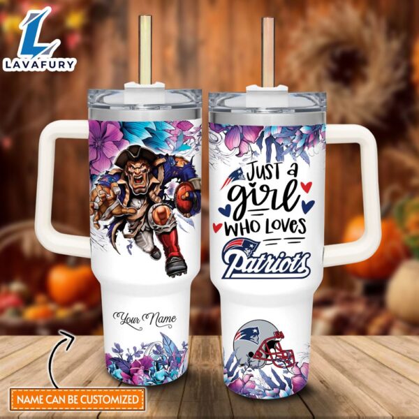 Custom Name Just A Girl Loves Patriots Mascot Flower Pattern 40oz Stainless Steel Tumbler with Handle and Straw Lid