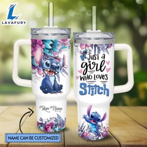 Custom Name Just A Girl Loves Stitch Flower Pattern 40oz Tumbler with Handle and Straw Lid
