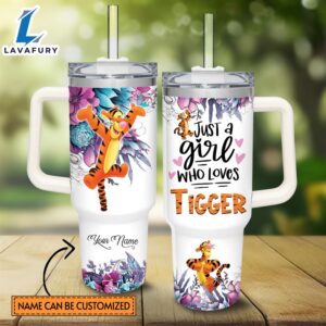 Custom Name Just A Girl Loves Tigger Flower Pattern 40oz Tumbler with Handle and Straw Lid