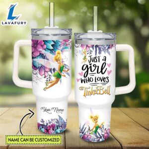Custom Name Just A Girl Loves Tinker Bell Flower Pattern 40oz Tumbler with Handle and Straw Lid