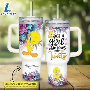 Custom Name Just A Girl Loves Tweety Flower Pattern 40oz Tumbler with Handle and Straw Lid