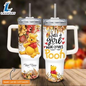 Custom Name Just A Girl Loves Winnie the Pooh Flower Pattern 40oz Tumbler with Handle and Straw Lid