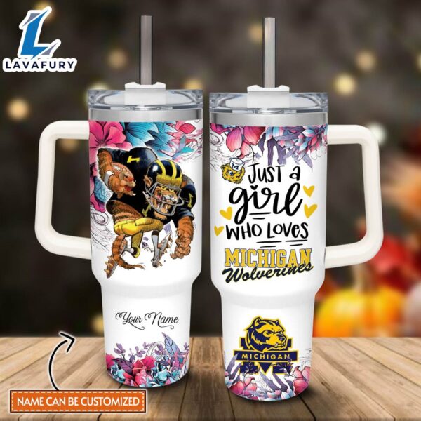 Custom Name Just A Girl Loves Wolverines Mascot Flower Pattern 40oz Stainless Steel Tumbler with Handle and Straw Lid