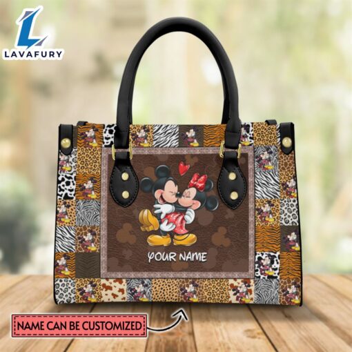 Custom Name Mickey Minnie Mouse Quilt Brown Leopard Pattern Premium Leather Handbag