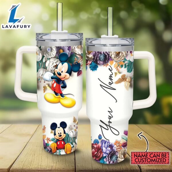 Custom Name Mickey Mouse 3D Colorful Flower Sublimation Pattern 40oz Tumbler with Handle and Straw Lid