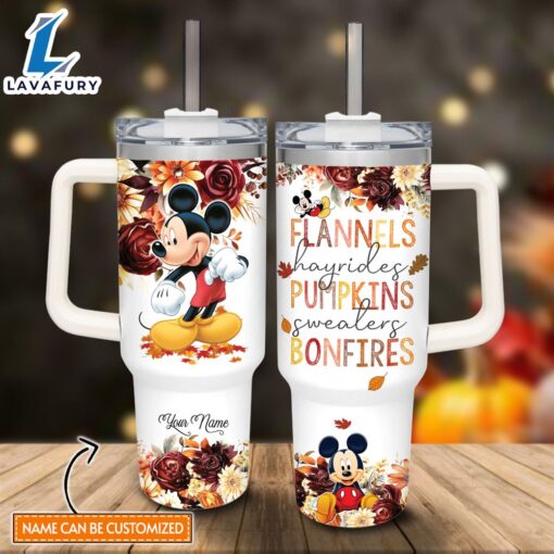 Custom Name Mickey Mouse Flannels Pumpkins Bonfires Fall Theme Pattern 40oz Tumbler with Handle and Straw Lid