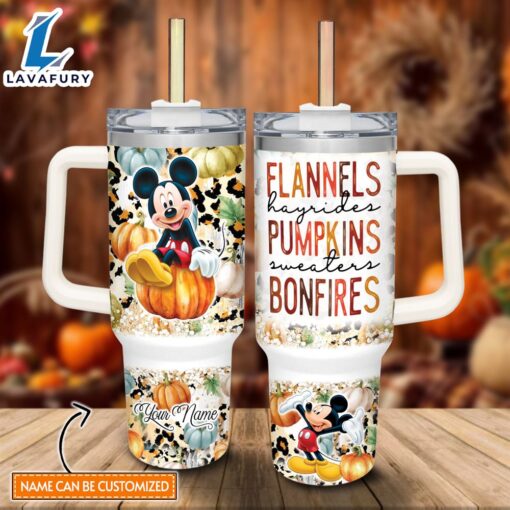 Custom Name Mickey Mouse Flannels Pumpkins Bonfires Pattern 40oz Stainless Steel Tumbler with Handle and Straw Lid