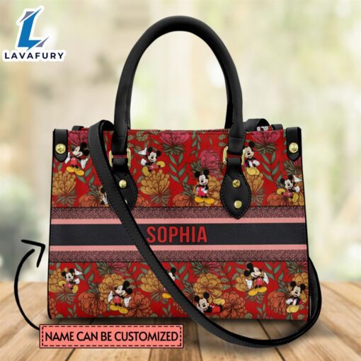 Custom Name Mickey Mouse Flower Fabric Pattern Premium Leather Handbag