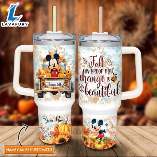 Custom Name Mickey Mouse Happy Fall Pumpkin Flower Pattern 40oz Tumbler with Handle and Straw Lid