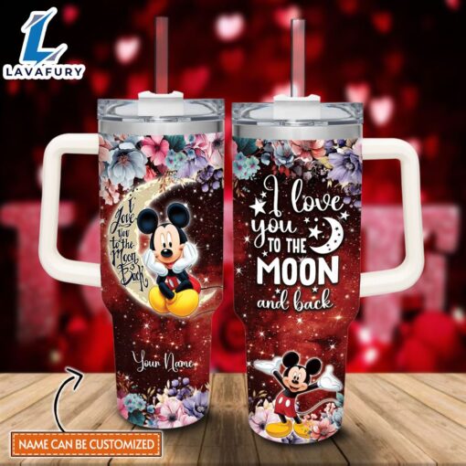 Custom Name Mickey Mouse I Love You To The Moon &amp Back 40oz Stainless Steel Tumbler with Handle and Straw Lid