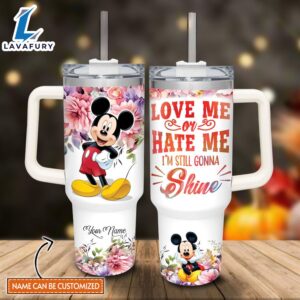 Custom Name Mickey Mouse  I’m Still Gonna Shine Flower Pattern 40oz Stainless Steel Tumbler with Handle and Straw Lid