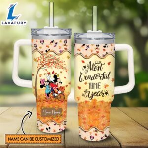 Custom Name Mickey Mouse Most Wonderful Time Fall Leaf Pattern 40oz Stainless Steel Tumbler with Handle and Straw Lid